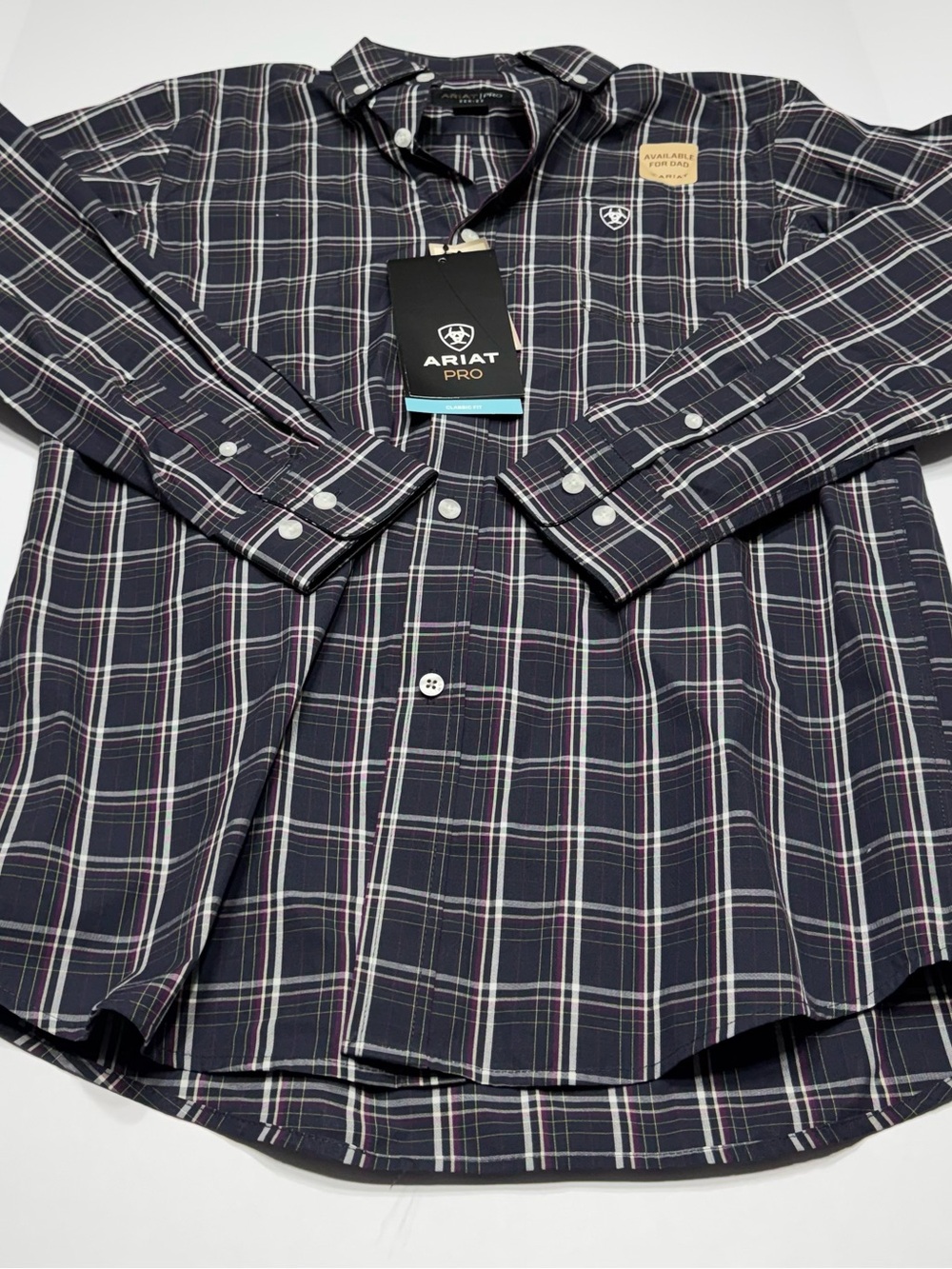Ariat Navy Plaid Button-Down Shirt with White and Burgundy Stripes